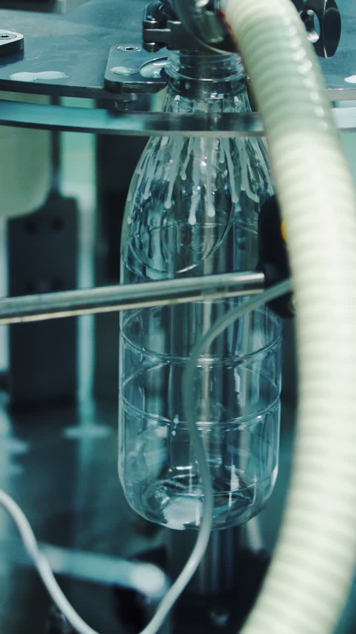 Close-up process of pouring milk into plastic bottle. Robotic machine for bottling milk in a dairy factory. Vertical video