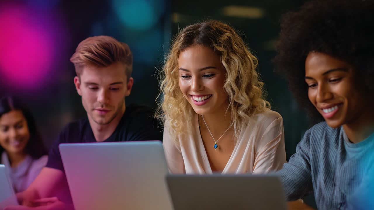 Students collaborating on a project using laptops