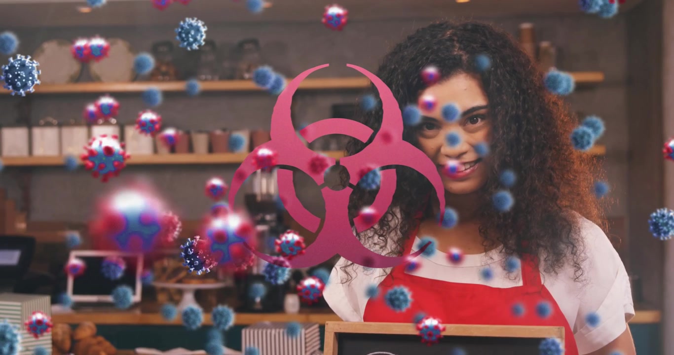 Animation af virusceller og biologisk fare over glad servitrice