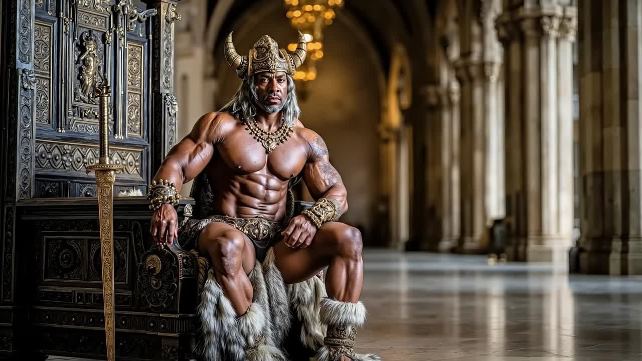 A man dressed as a viking sitting on a throne in a building