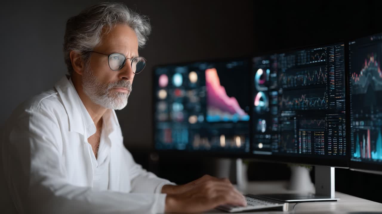 Focused Analyst Observing Data Visualizations on Multiple Monitors: A Deep Dive into Insights and Analysis with Advanced Graphs and Indicators