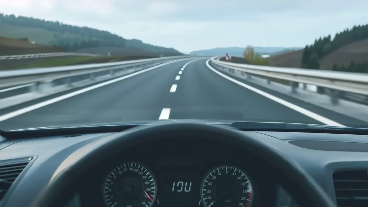 POV-videooptagelse indefra en bil, der viser en naturskøn motorvej med bølgende bakker