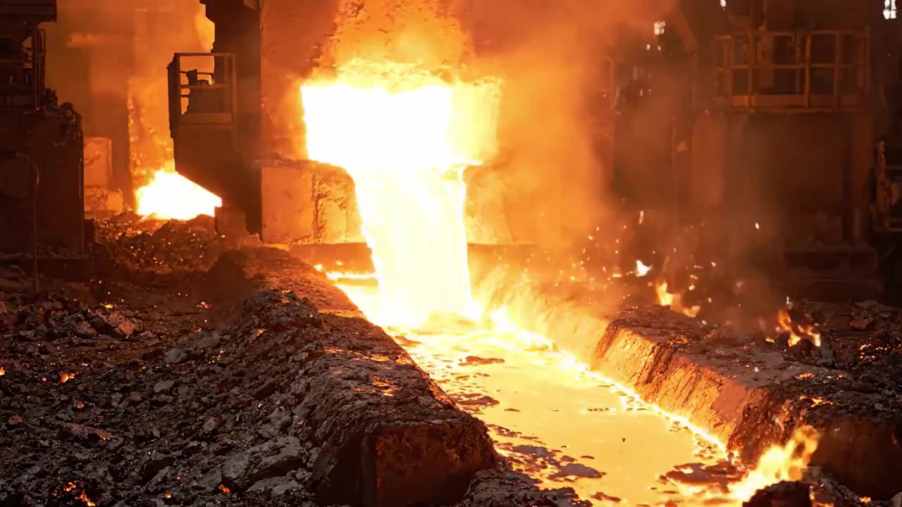 Intenso metallo liquido che scorre in un'acciaieria: una dimostrazione dinamica di processi metallurgici con scintille e materiale fuso che subisce trasformazione.