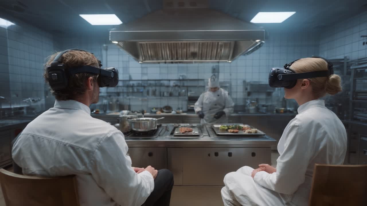 Immersive Culinary Experience: Two Diners in a Modern Kitchen Wearing VR Headsets while Observing a Chef Prepare Exquisite Dishes, Blending Technology with Gastronomy for a Unique Dining Adventure