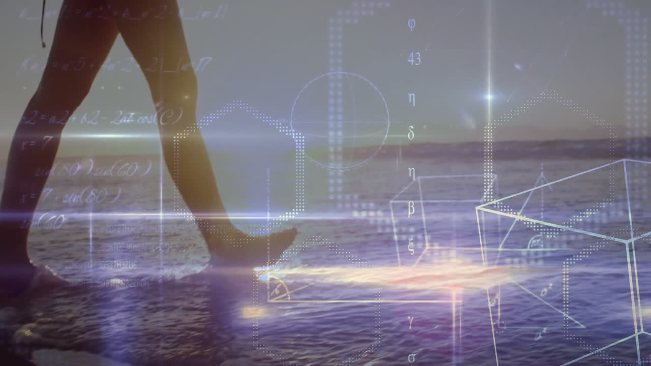 Geometric shapes and equations animation over person walking in ocean water