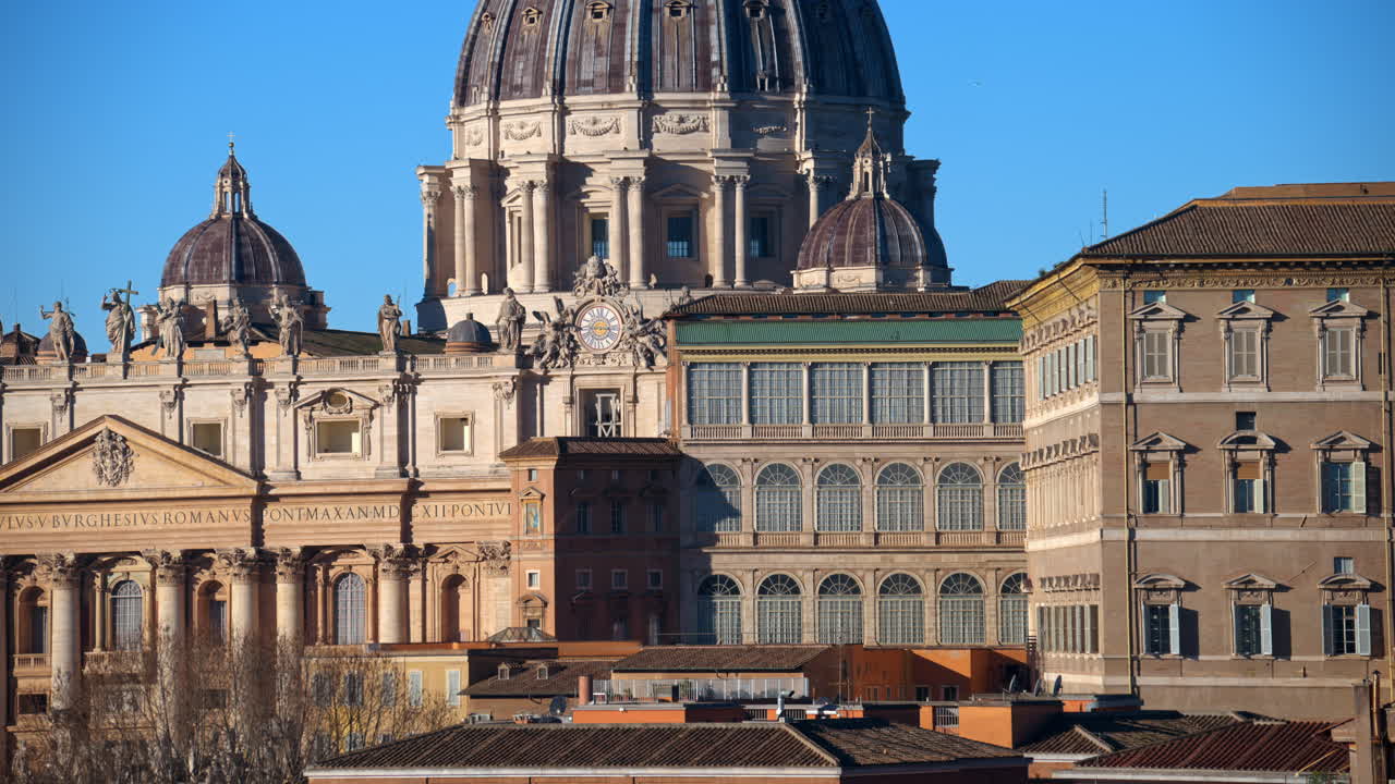 Aerial view of Vatican city from the distance. Saint Peter's Basilica at sunset. Zoom in effect. Rome, Italy