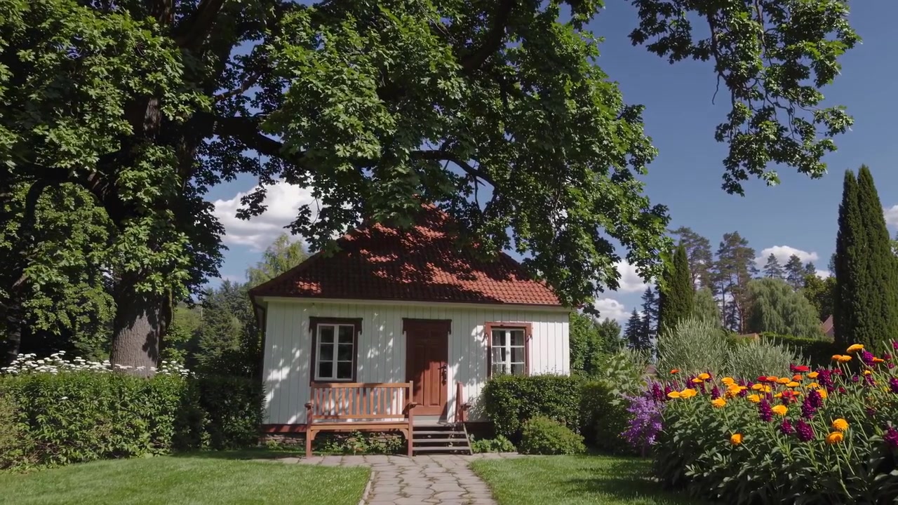 Charmerende hvidt sommerhus i en frodig sommerhave