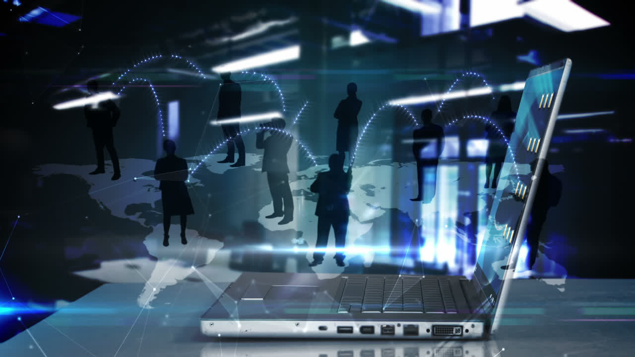 사업가들의 실루이 노트북에서 나타납니다.