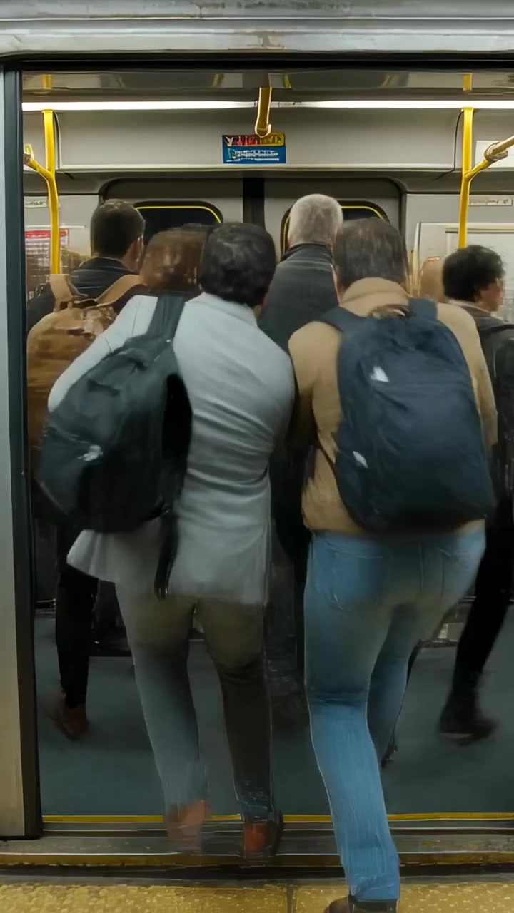 Vertical video: Opening doors urging riders boarding train at station before leaving with backpacks