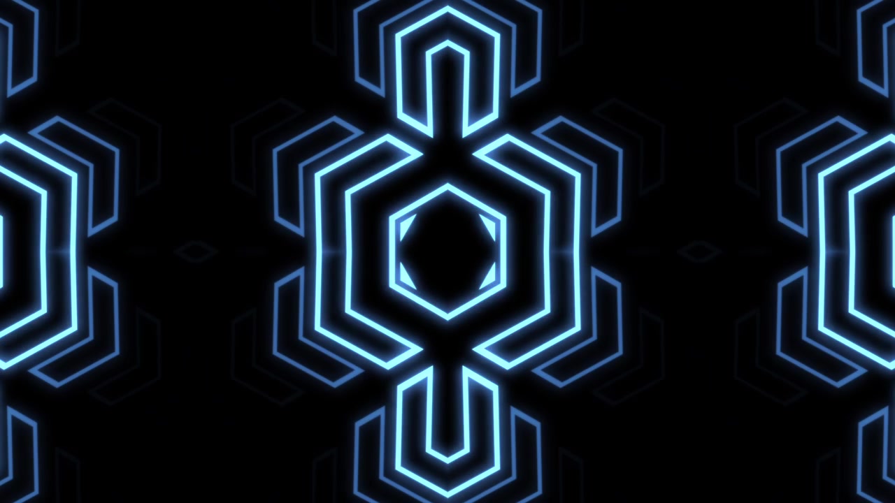 Motivo geometrico esagonale astratto con neon blu in espansione e pulsazione