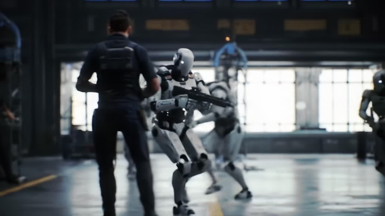 A group of advanced robots practices combat maneuvers alongside a trainer in a high-tech facility. The environment features sleek architecture and advanced technology, highlighting innovation.