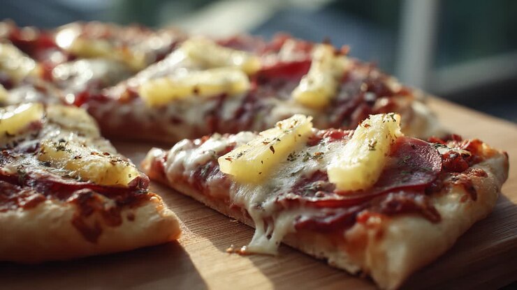 Fetta di pizza deliziosamente cotta con condimenti di ananas e pepperoni, formaggio perfettamente fuso ed erbe fresche su un tagliere di legno.