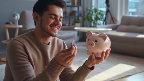 young man happily saving money in a piggy bank at home