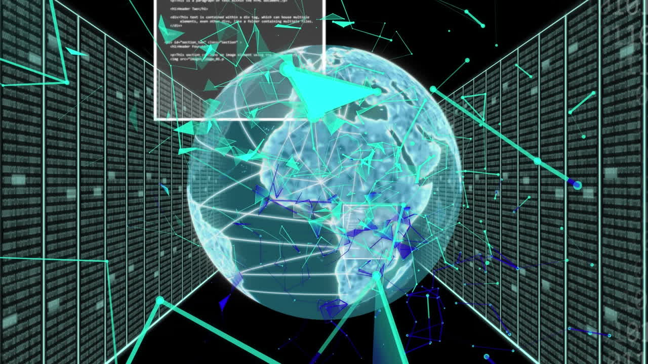 Animation of globe and data processing over computer servers