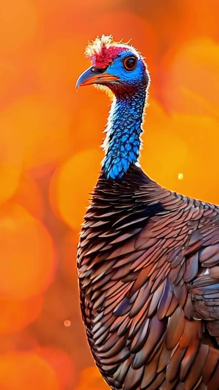 A turkey with a blue beak stands in a field of autumn leaves. The turkey is surrounded by a beautiful orange and yellow landscape, creating a warm and inviting atmosphere