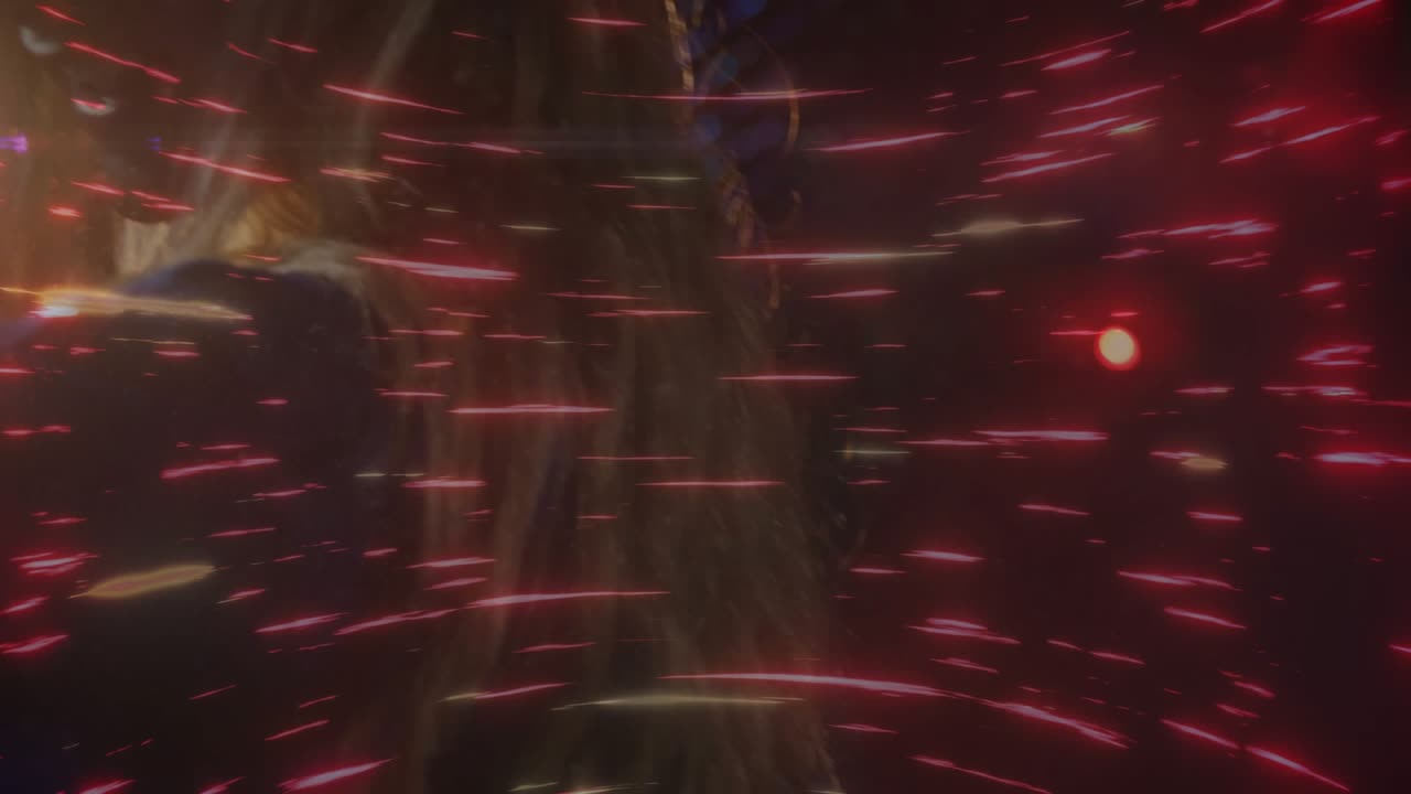 Teen female turning head and lifting arms, camera shift and red streaks revealing visor for music