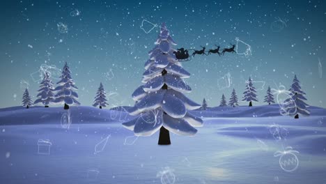 Animation-Des-Weihnachtsmanns-Im-Schlitten-Mit-Rentieren-über-Schnee,-Fallenden-Dekorationen-Und-Winterlandschaft