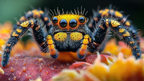 jumping spider perched on vibrant flower petals in the garden