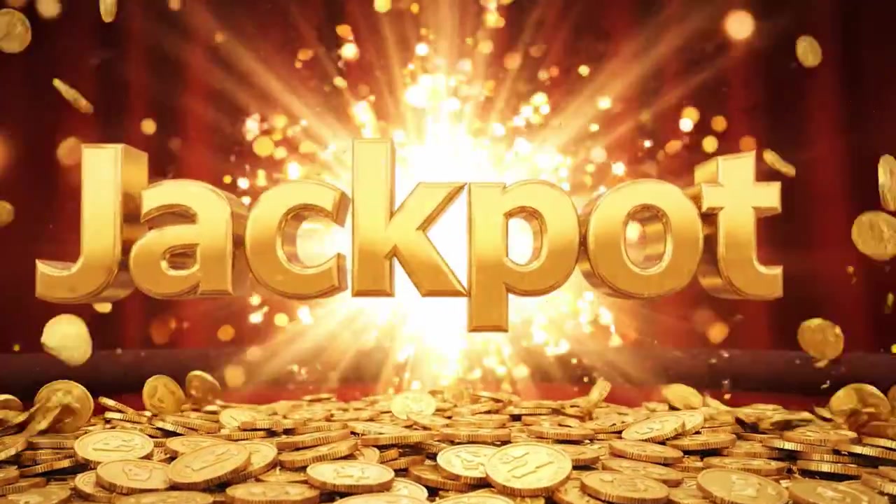 การแสดงชัยชนะที่ตระการตาด้วยป้าย 'Jackpot' อันงดงามที่ส่องสว่างท่ามกลางการระเบิดครั้งใหญ่ของเหรียญและดวงดาวในความรุ่งโรจน์สีทอง