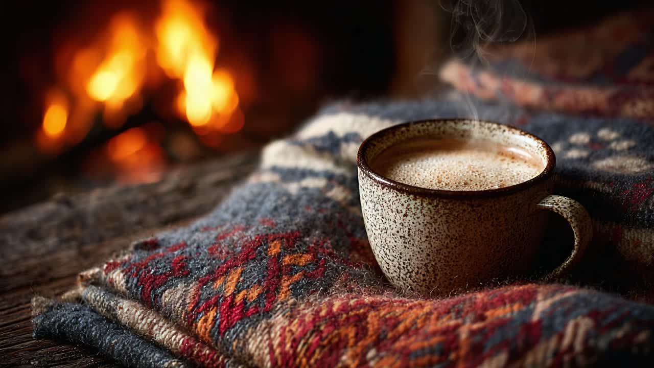 A Cozy Scene with a Warm Cup of Coffee on a Colorful Blanket Near a Softly Glowing Fireplace, Inviting Comfort and Tranquility on a Chilly Evening