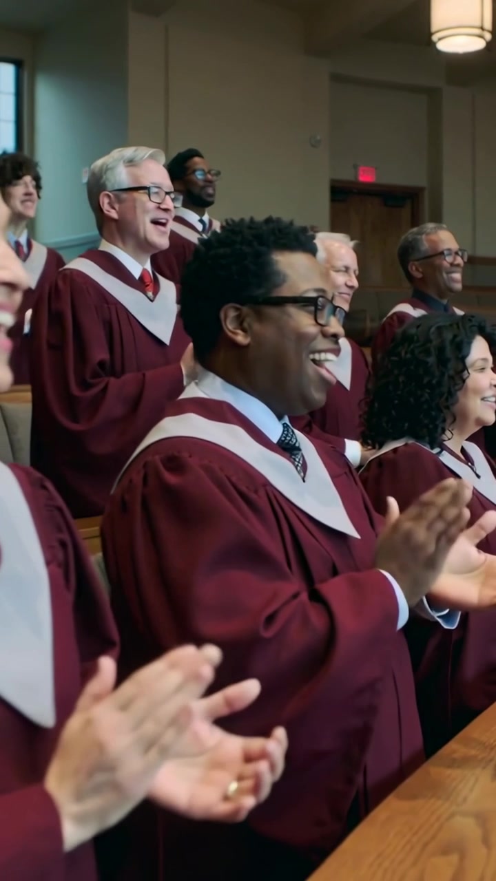 Vertical video: Clapping church choir responding to song reaching chorus in sanctuary, maroon robes