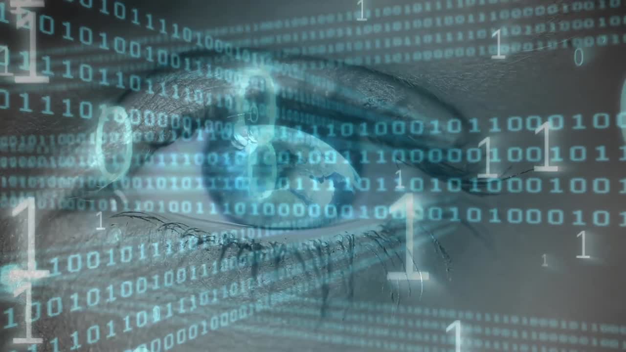 animazione dell'elaborazione dei dati e codifica binaria sull'occhio blu