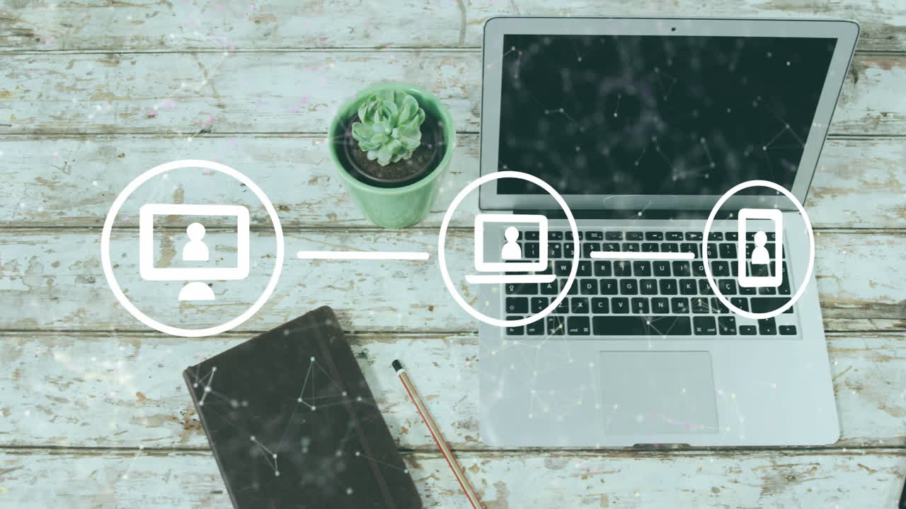 나무 표면에 노트북, 다이어리, 식물  ⁇ 비, 스마트 폰에 맞춰 디지털 아이콘 네트워크의 애니메이션