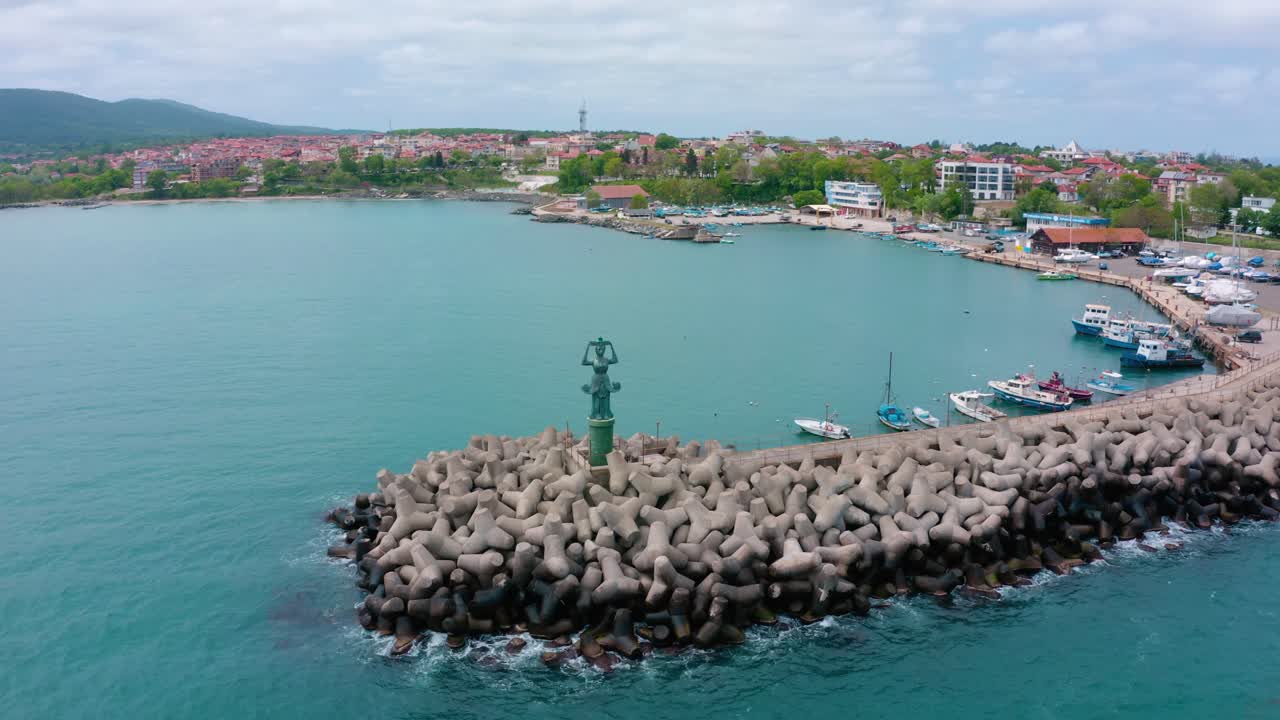 Drone view of Tsarevo lighthouse in Black sea Bulgaria, Europe
