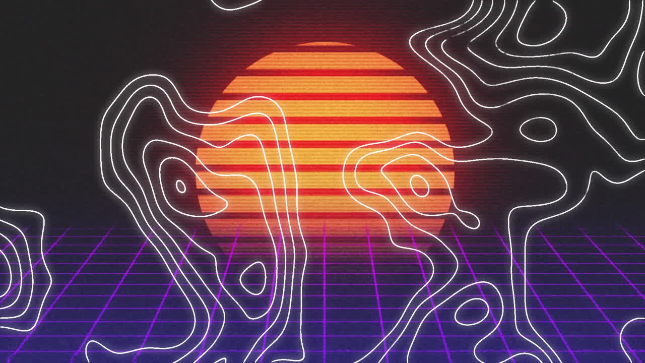 animación de líneas de contorno blancas moviéndose sobre el sol y la cuadrícula púrpura, moviéndose en negro