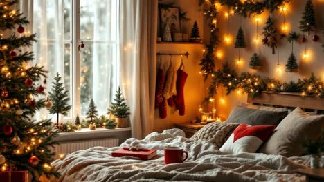 Warm and inviting Christmas bedroom decorated with fairy lights, christmas tree, stockings and gifts, creating a cozy and festive atmosphere