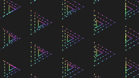 Digital seamless triangles pattern with neon dots on black gradient
