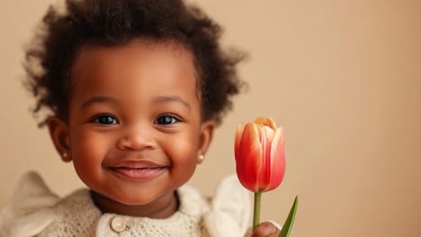 adorable baby smiling with a red and yellow tulip