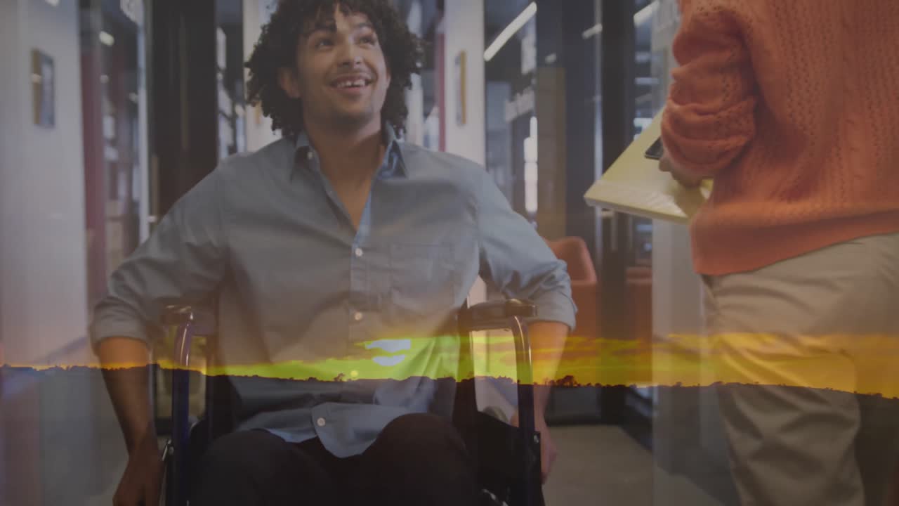 animación del paisaje sobre discapacitado hombre afroamericano con diversas personas de negocios