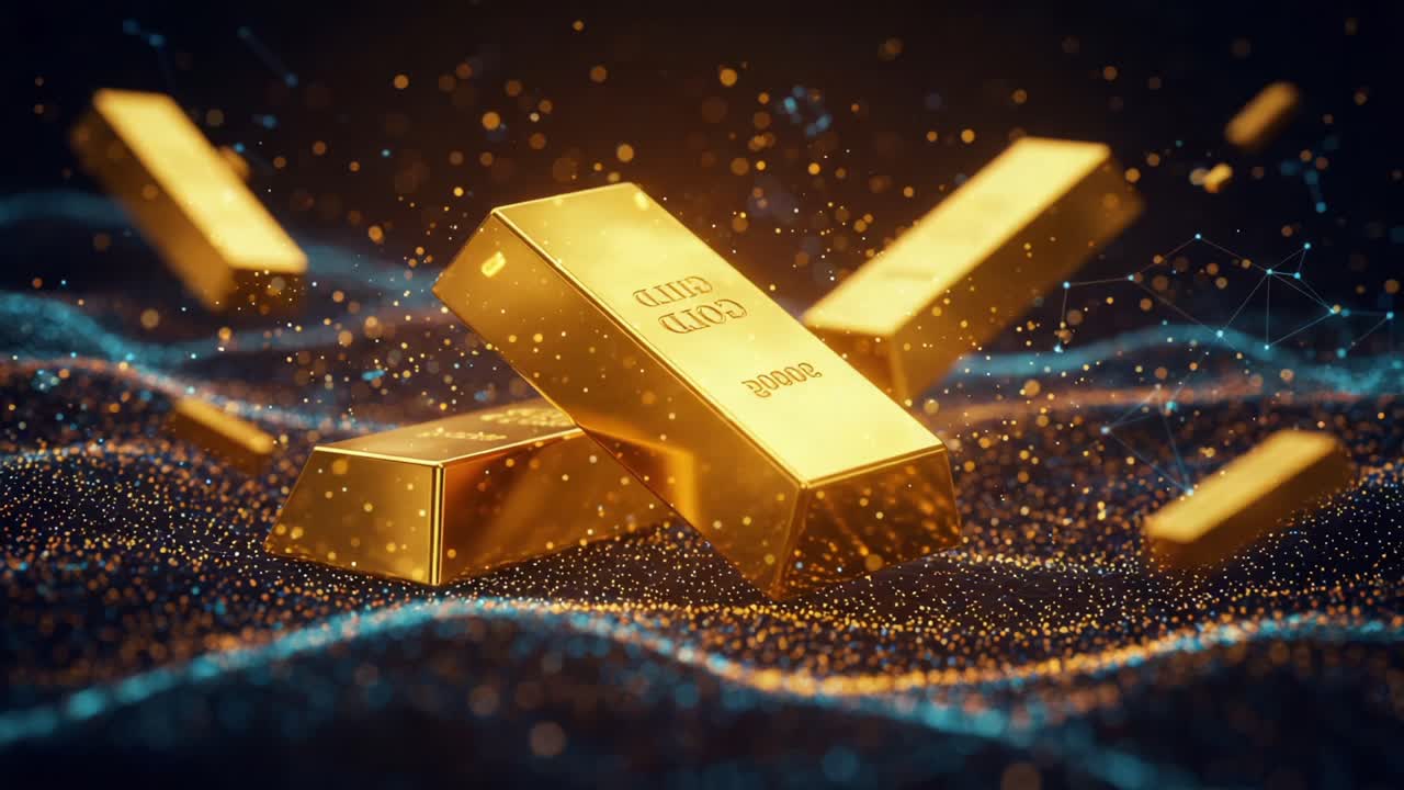 Glittering gold bars scattered on a shimmering surface, reflecting light and showcasing their rich, luxurious appeal in an enchanting digital atmosphere