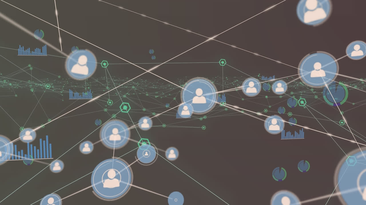 추상적인 배경에 대한 그래프 아이콘으로 연결된 점과 아이콘의 애니메이션