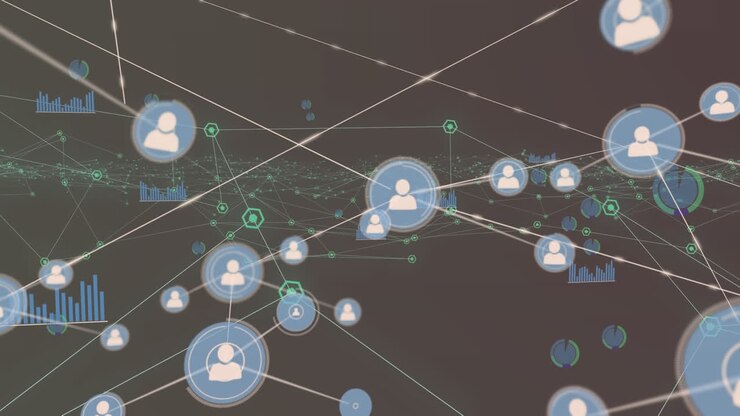 Animation of connected dots and icons with graph icons against abstract background