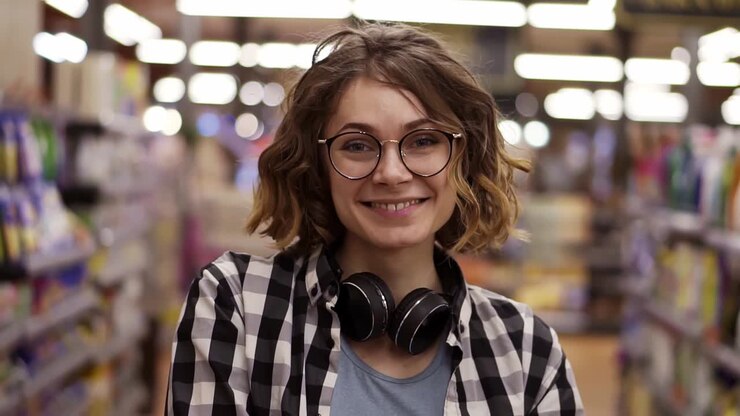Portrait young woman stands in front of the camera and smiles in supermarket feel happy girl shopping face retail store. Pretty