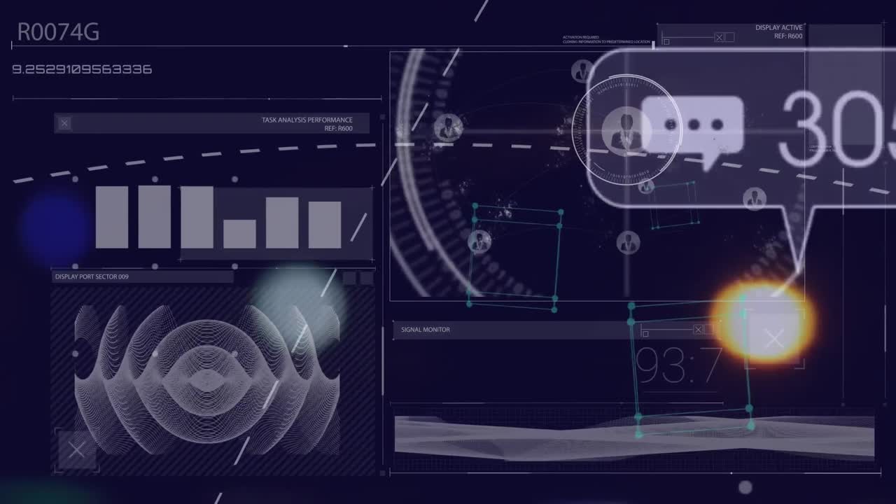 Animation of social media icons floating over interface with data processing against blue background