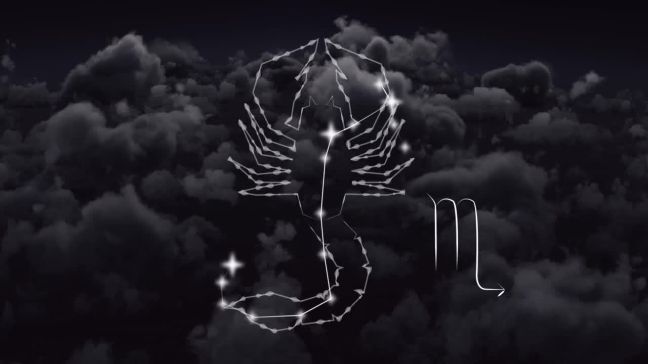 animación del signo de la estrella de escorpio sobre las nubes en el cielo en el fondo.