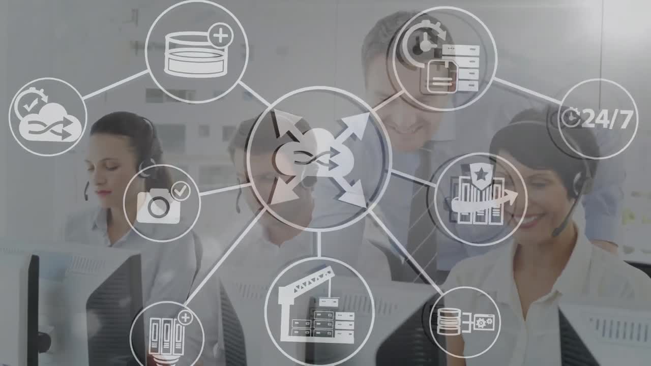 animación de la red de conexiones con iconos sobre personas de negocios que usan auriculares de teléfono
