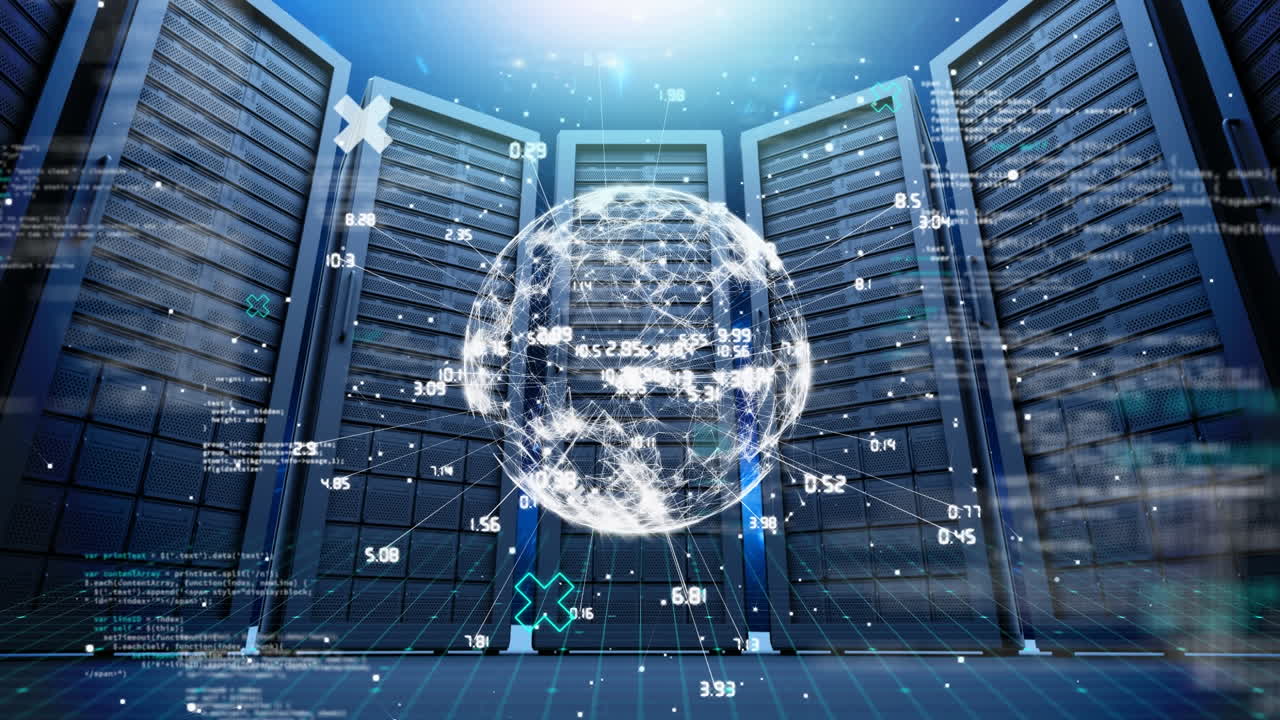 Animation of data processing and globe over server room