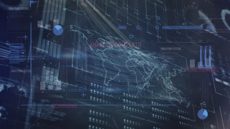 animación del mapa del mundo y procesamiento de datos en fondo azul.