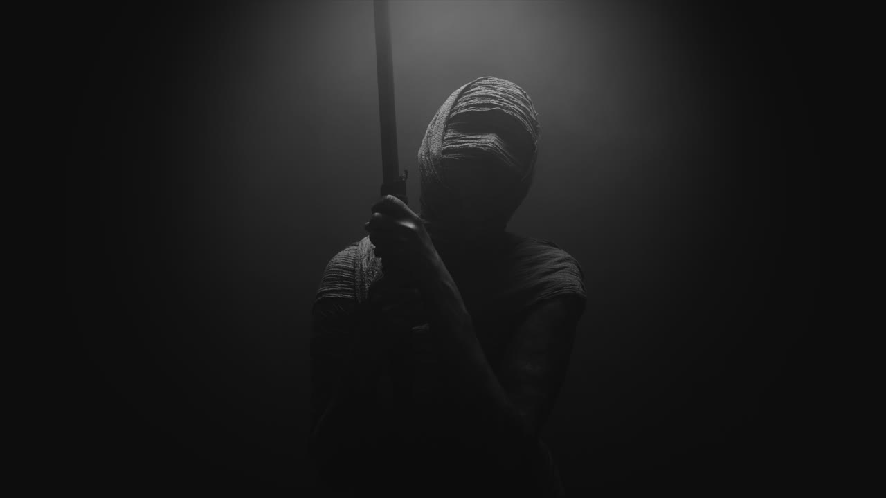 A mummified woman against the dark background pose with the walking staff