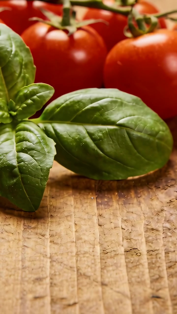 Video verticale: Telecamera che zooma mostrando basilico, pomodori a grappolo su tagliere di legno, con grattugia in evidenza.