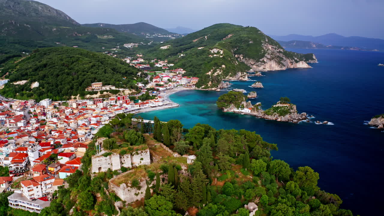 Aerial View of the Picturesque Coastal Town of Parga, Greece
