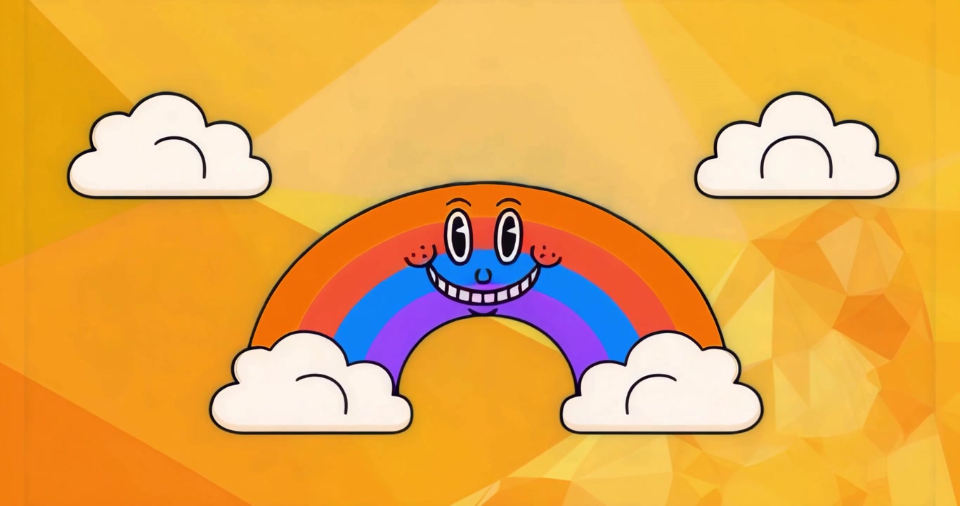 Arco-íris de desenho animado começando a crescer, faixas de cores se expandindo, nuvens deslizando, piscando e quicando para diversão