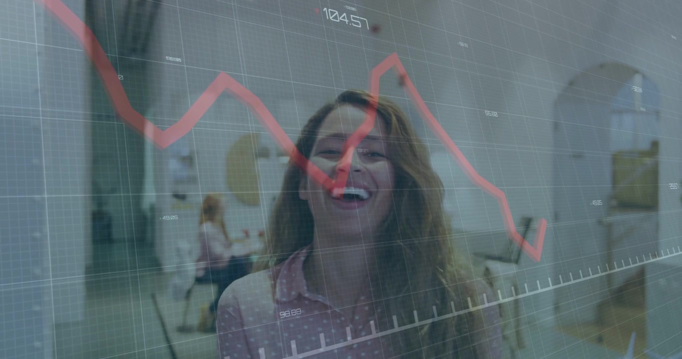 Mujer de pie en el centro de una oficina, con una superposición que muestra una línea financiera roja en movimiento, provocando risas.