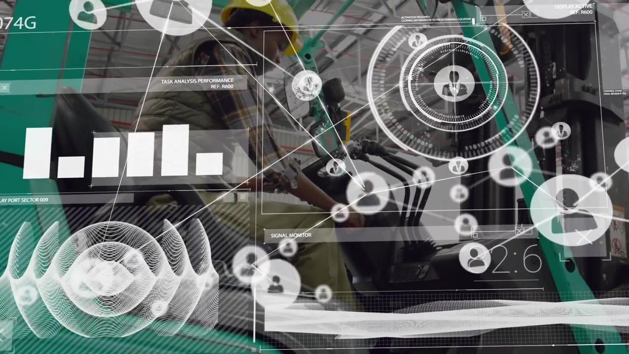 Animation af databehandling over afroamerikansk mandlig arbejder, der sidder i gaffeltruck.