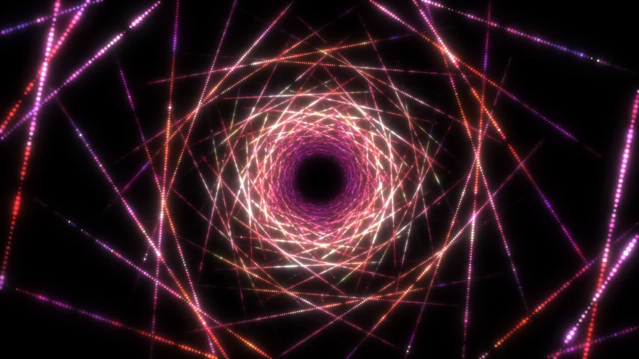 hermoso bucle de cámara lenta 3d partículas brillantes tunnel de malla de alambre reluciente en fondo negro. diseño creativo 4k futurista alta tecnología partículas mágicas dinámicas girando girando a través del espacio.