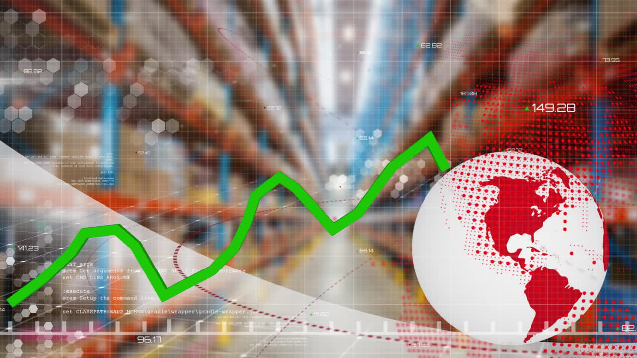 전 세계와 창고에서 금융 데이터 처리의 애니메이션